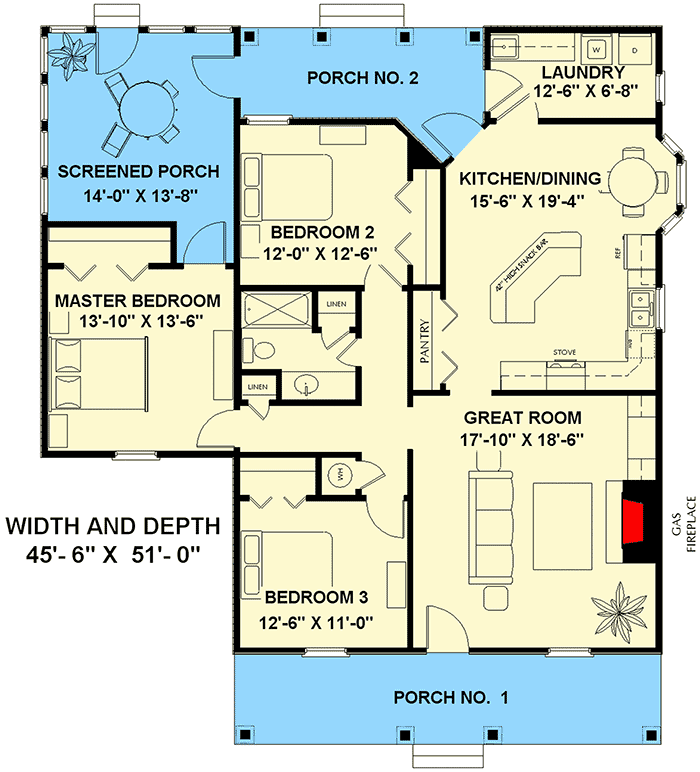 Plan 2551DH: Southern Country Retreat - Floor Plan - Main Level - Cottage, Country, Southern