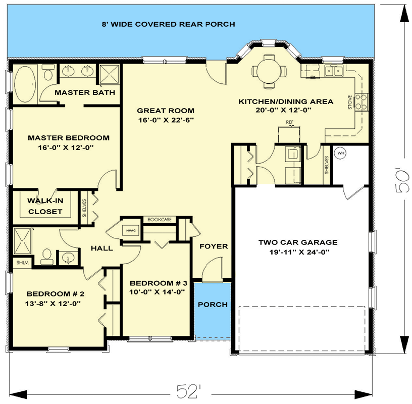 Plan 2554DH: 3-Bed European Ranch House Plan with Spacious Rear Porch - Floor Plan - Main Level - European, Southern