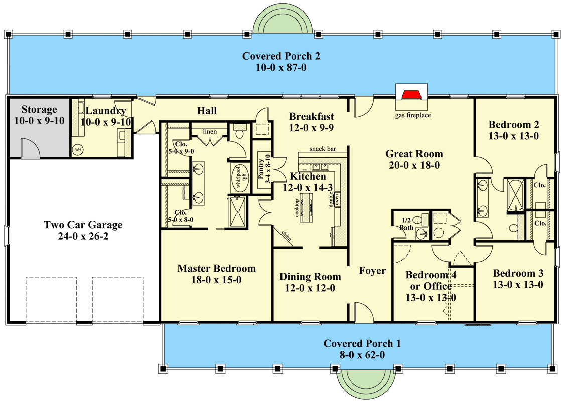 Plan 2576DH: Single Story Living with Optional Elevation - Floor Plan - Main Level - Country, Ranch, Southern