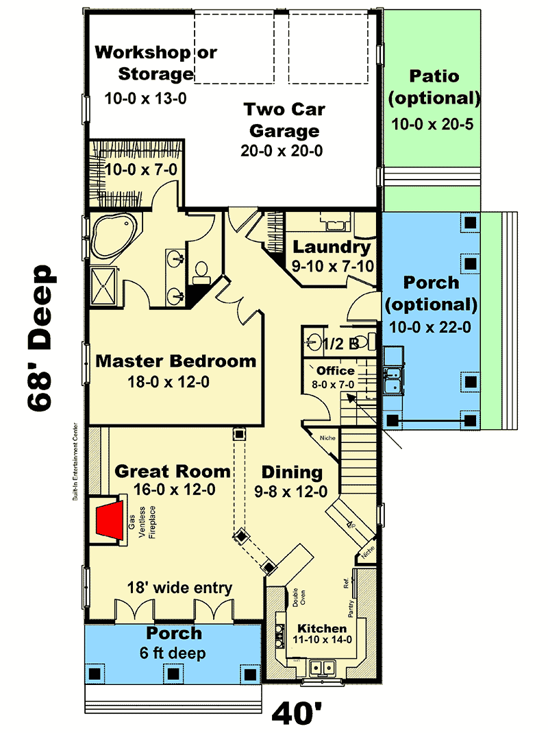 Plan 2584DH: Two-Story Cottage House Plan with Flex Room and Alley-Access Garage - 2415 Sq Ft - Floor Plan - Main Level - Cottage, Country, Southern
