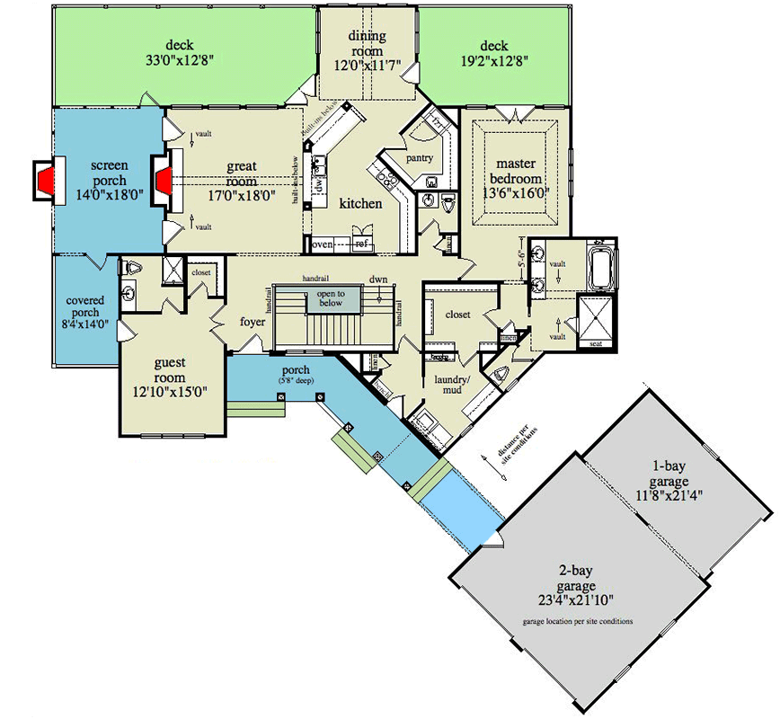 Plan 29825RL: Craftsman House Plan with Great Rear and Side Facing Views - 2044 Sq Ft - Floor Plan - Main Level - Craftsman, Mountain, Vacation