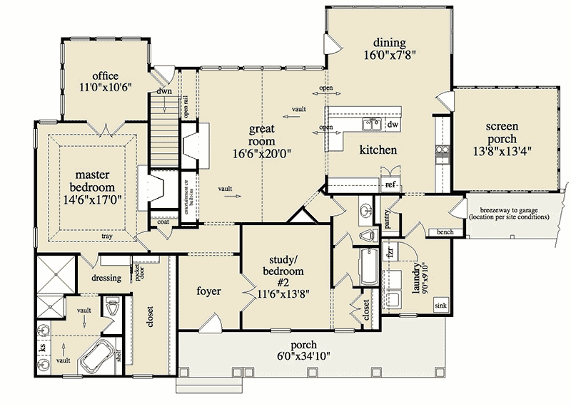 Plan 29844RL: Country Mountain House Plan with Office Access from Master Suite - 2109 Sq Ft - Floor Plan - Main Level - Country, Craftsman, Mountain, Rustic