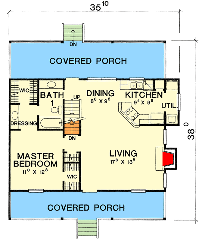 Plan 3004D: Two-Story Vacation House Plan with Dual Covered Porches - 1157 Sq Ft - Floor Plan - Main Level - Cottage, Country, Southern, Vacation