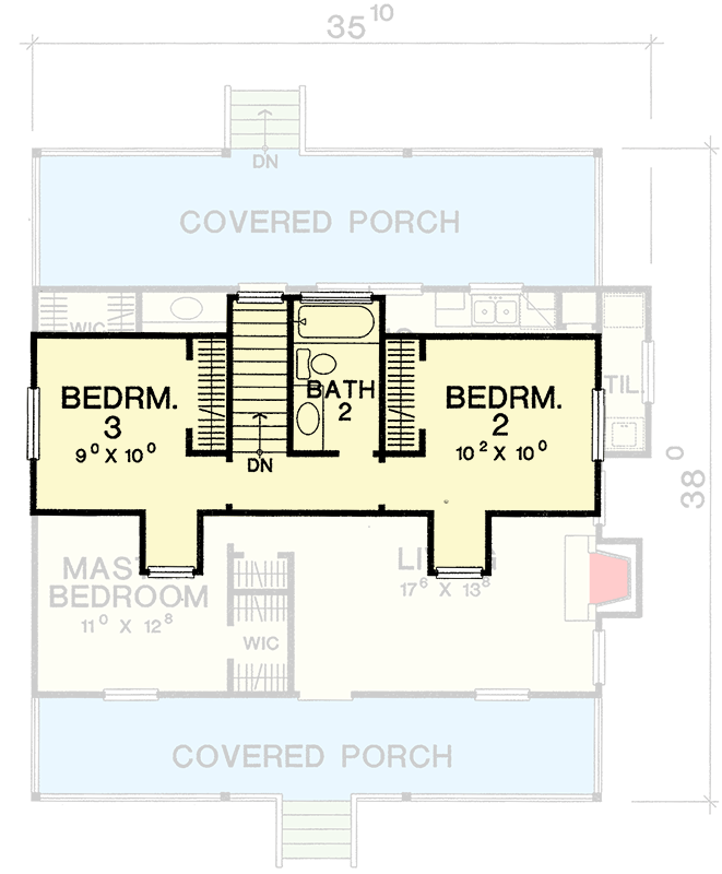 Plan 3004D: Two-Story Vacation House Plan with Dual Covered Porches - 1157 Sq Ft - Floor Plan - 2nd Floor - Cottage, Country, Southern, Vacation