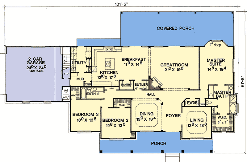 Plan 3069D: Country House Plan with Split Bedroom Layout - 2798 Sq Ft - Floor Plan - Main Level - Country, Southern, Traditional