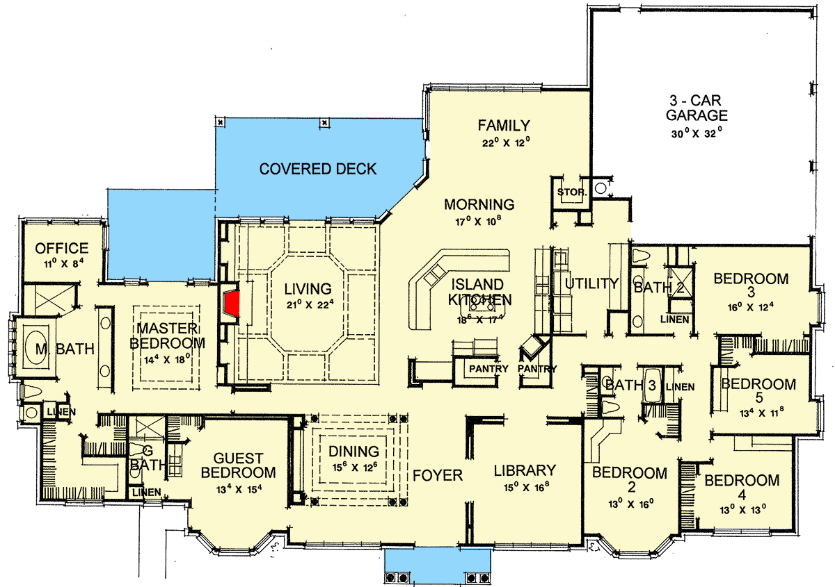 Plan 31024D: 6-Bed Traditional European Home Plan with Vaulted Living Room - Floor Plan - Main Level - European, Traditional