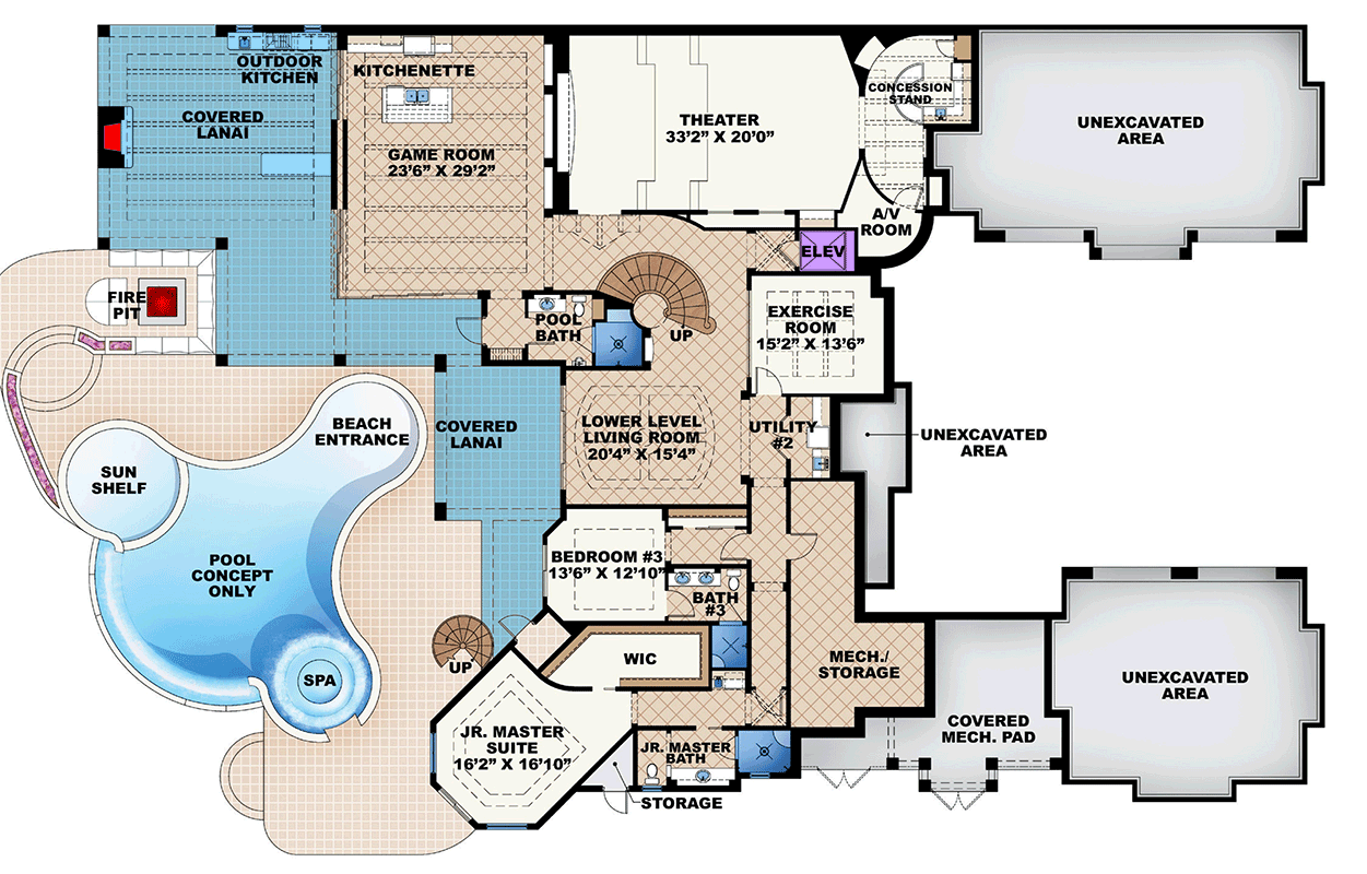 Plan 66376WE: Luxury European Coastal House Plan with 6 Bedrooms and 5-Car Garage - Floor Plan - Lower Level - Coastal, European, Florida-Style, Southern, Tuscan
