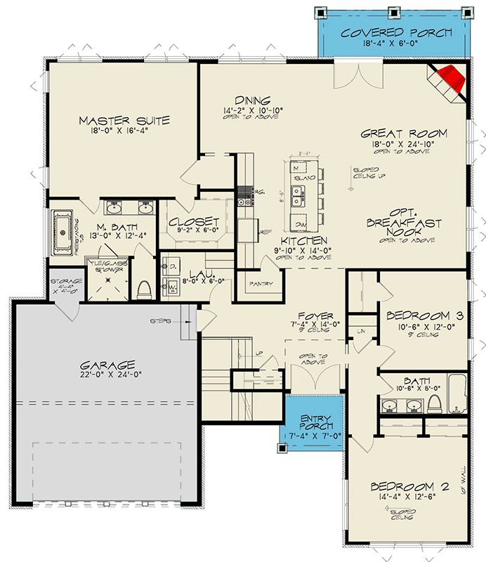 Plan 70522SND: 3 Bed Modern with Upstairs Sleeping Loft - Floor Plan - Main Level - Contemporary, Mediterranean, Mid Century Modern, Modern