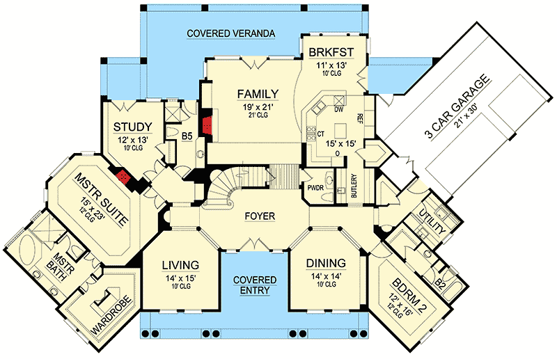 Plan 36525TX: 5 Bed Modern Mediterranean Colonial House Plan - Floor Plan - Main Level