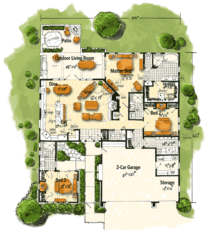 Plan 12951KN: Rugged 3 Bedroom Craftsman with Vaulted Interior - Floor Plan - Main Level - Craftsman, Mountain, Vacation