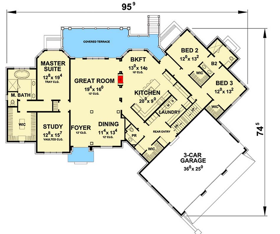 Plan 42417DB: 4 Bed House Plan with Bonus and Optional Finished Lower Level - Floor Plan - Main Level - European, French Country