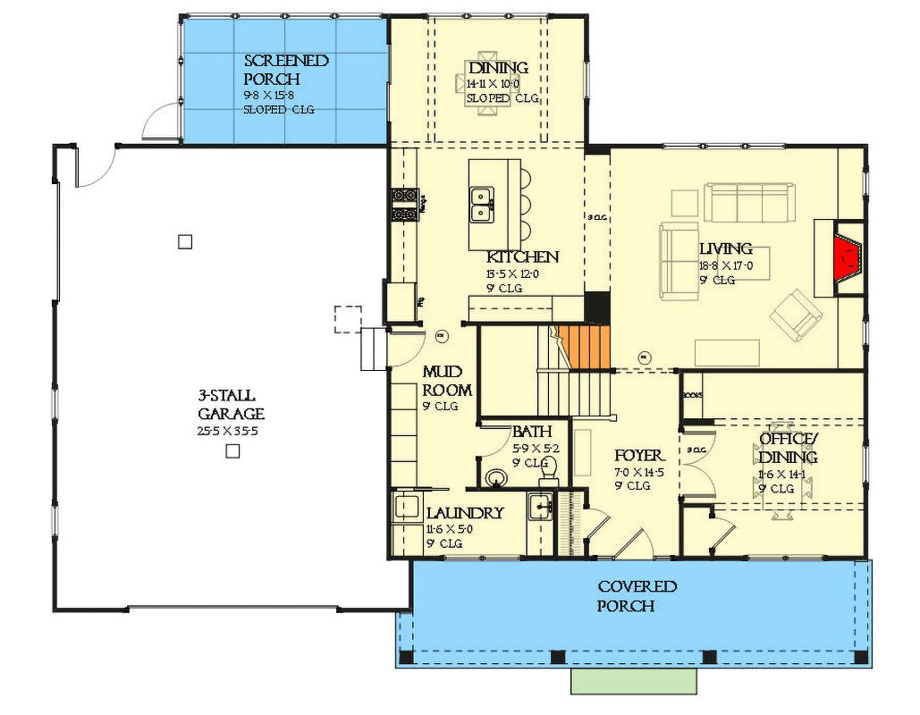 Plan 970019VC: 3-Bed Country Craftsman with Welcoming Front Porch - Floor Plan - Main Level - Country, Craftsman, Farmhouse
