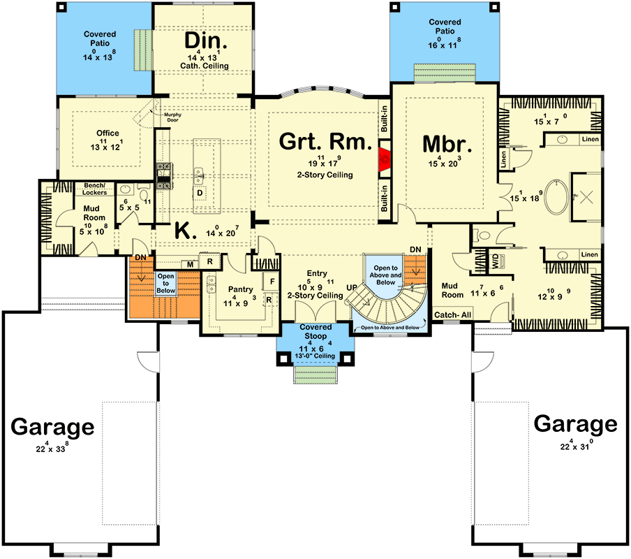 Plan 62682DJ: Luxurious 5-Bedroom Mediterranean House Plan with 2-Story Great Room - 4853 Sq Ft - Floor Plan - Main Level - Mediterranean, Spanish, Tuscan