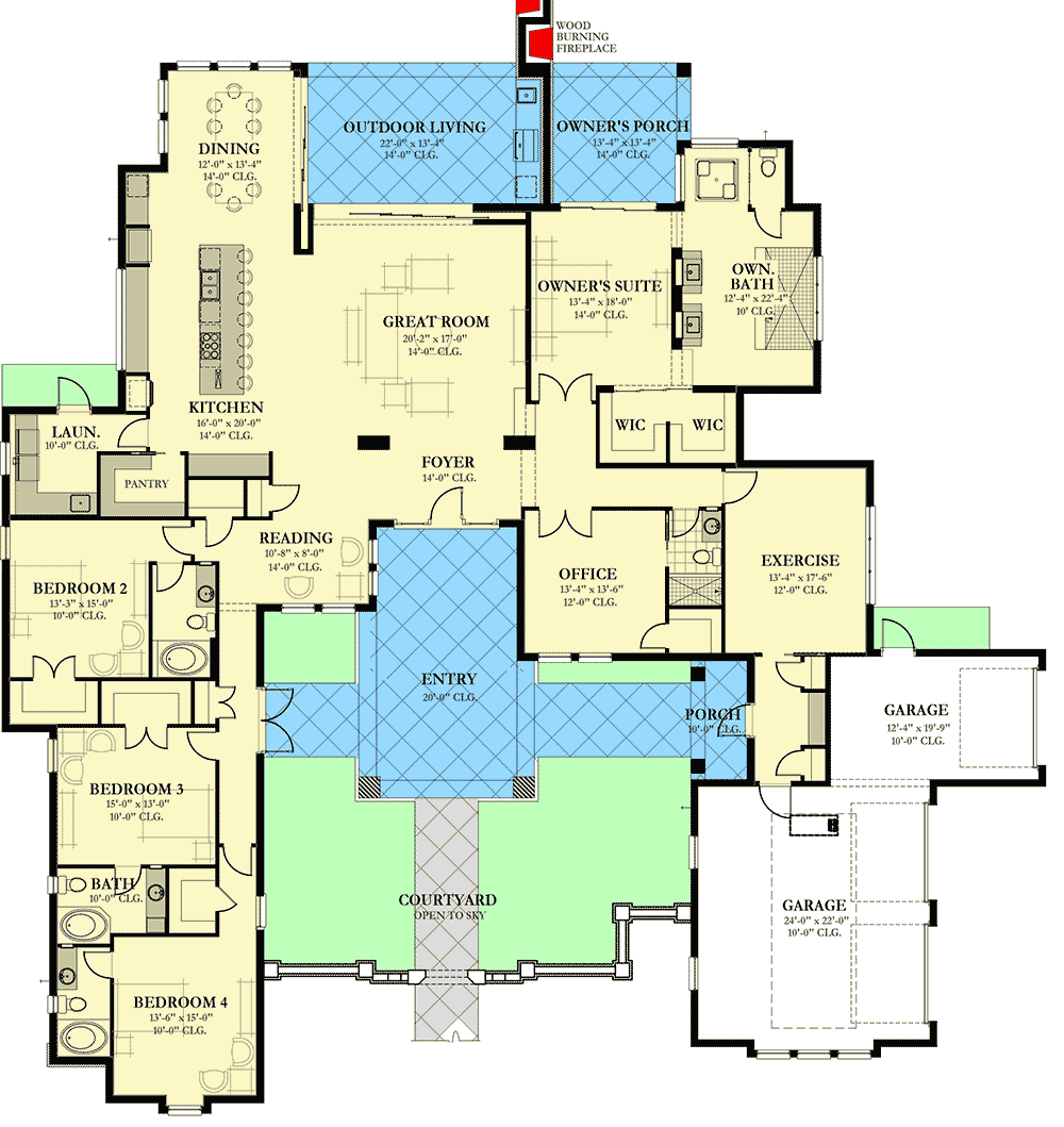 Plan 82222KA: Southern House Plan with Private Front Courtyard and Exercise Room - Floor Plan - Main Level - Southern, Traditional