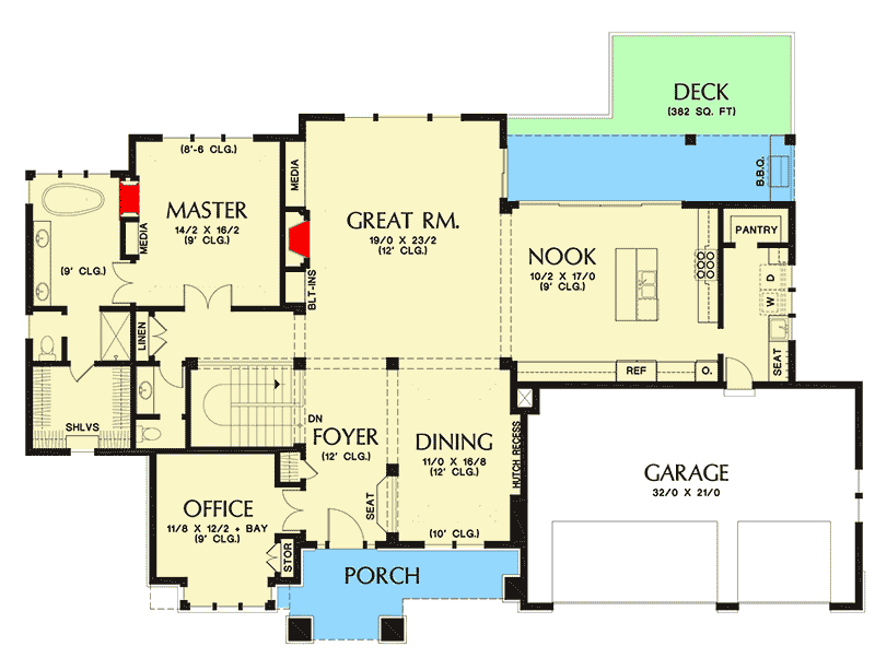 Plan 69653AM: Prairie Style House Plan with Finished Lower Level - Floor Plan - Main Level - Northwest, Prairie