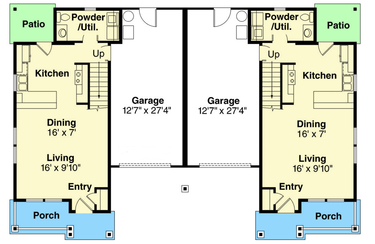 Plan 72897DA: Two-Story Duplex House Plan with Symmetrical Units - 1045 Sq Ft Per Unit - Floor Plan - Main Level - Craftsman, New American, Traditional