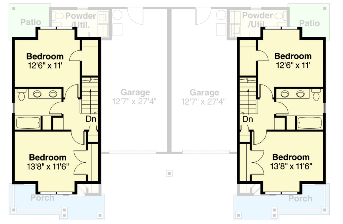 Plan 72897DA: Two-Story Duplex House Plan with Symmetrical Units - 1045 Sq Ft Per Unit - Floor Plan - 2nd Floor - Craftsman, New American, Traditional