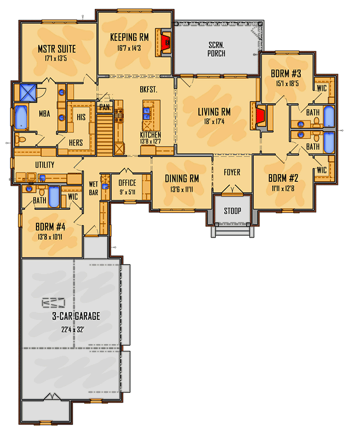 Plan 510012WDY: Spacious Acadian House Plan with Bonus Space - Floor Plan - Main Level - Acadian, Louisiana-Style, Southern, Traditional
