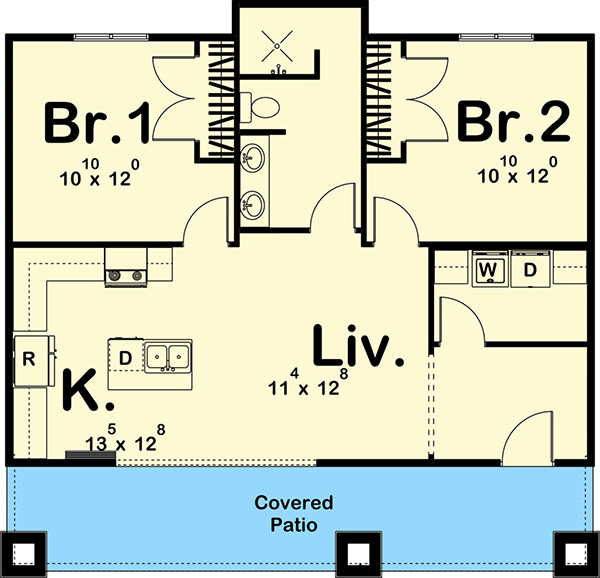 Plan 62692DJ: Two Bedroom Getaway - Floor Plan - Main Level - Cabin, Coastal, Cottage, Rustic, Vacation