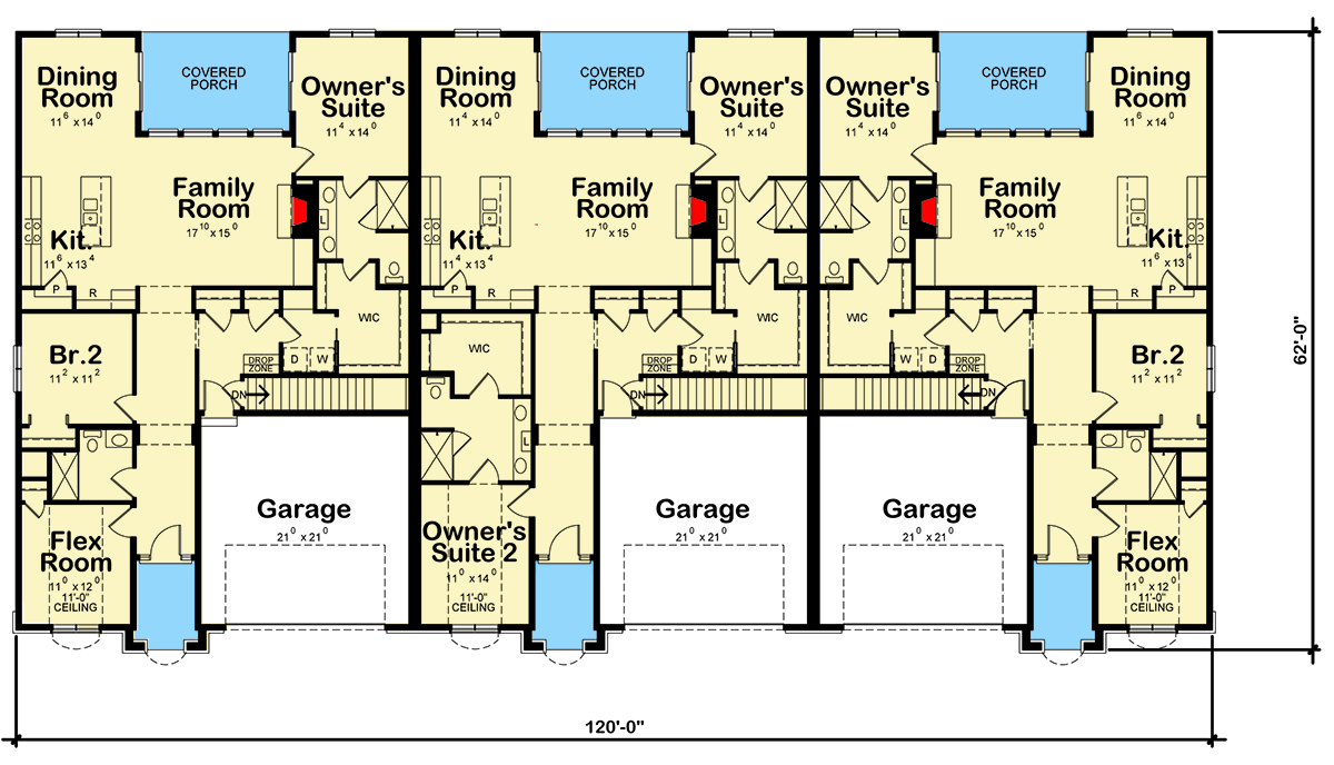 Plan 42511DB: 3-Family House Plan With Private Covered Porches - Floor Plan - Image #2 - French Country, Traditional