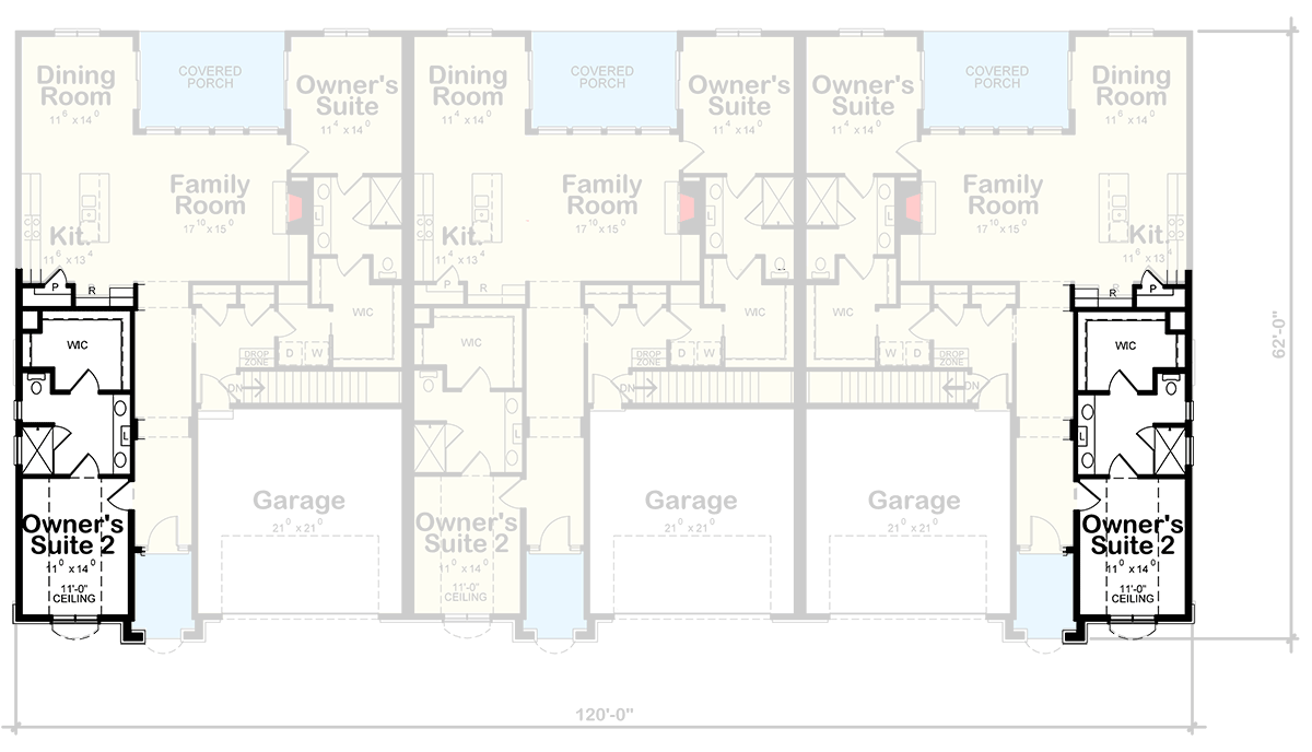 Plan 42511DB: 3-Family House Plan With Private Covered Porches - Floor Plan - Optional Owner Suite - French Country, Traditional