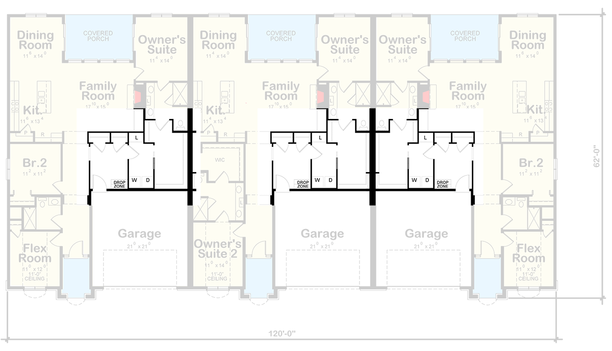 Plan 42511DB: 3-Family House Plan With Private Covered Porches - Floor Plan - Main Level - Slab/Crawl Option - French Country, Traditional