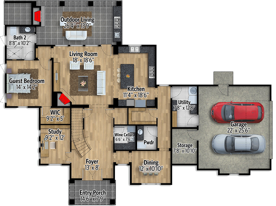 Plan 430025LY: Exciting Mediterranean House Plan with Upper Terrace Deck - Floor Plan - Main Level - Florida-Style, Mediterranean