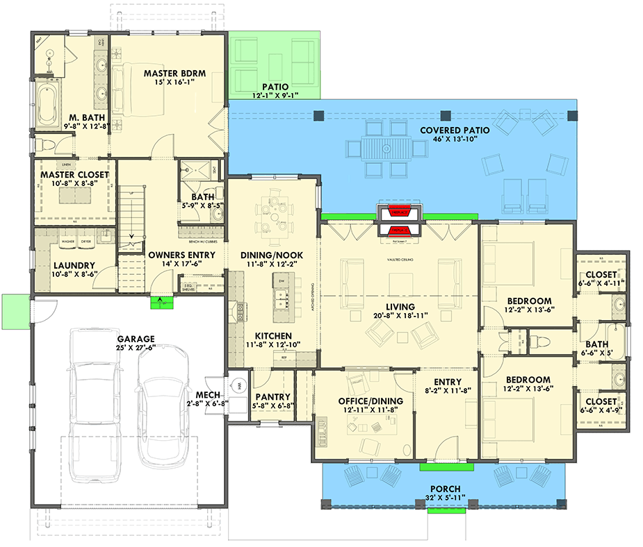 Plan 64456SC: 3-Bed Modern Farmhouse with Private Master Suite - Floor Plan - Main Level - Country, Craftsman, Farmhouse, Modern Farmhouse