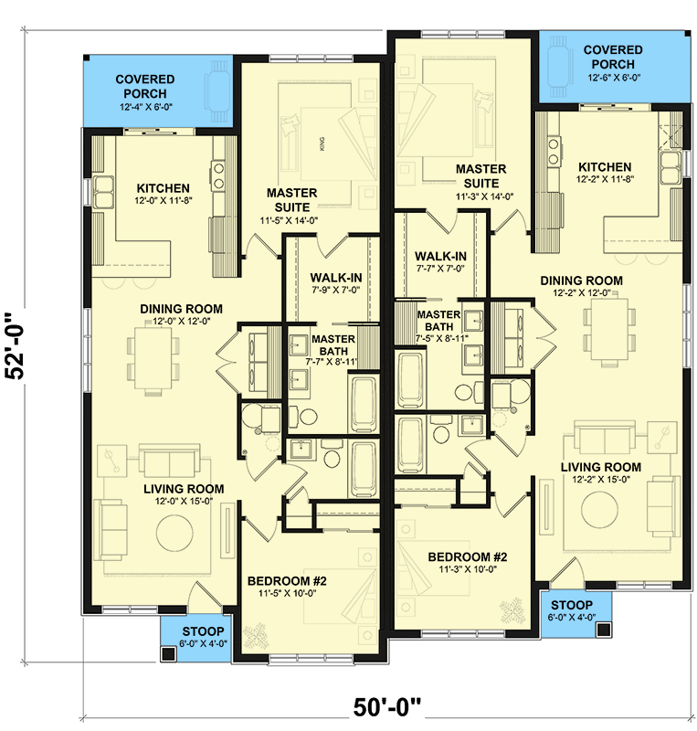 Plan 22484DR: Modern Ranch Duplex with Matching 2-Bed Units - 1127 Sq Ft Each - 2 Beds and 2 Baths - Floor Plan - Main Level - Traditional