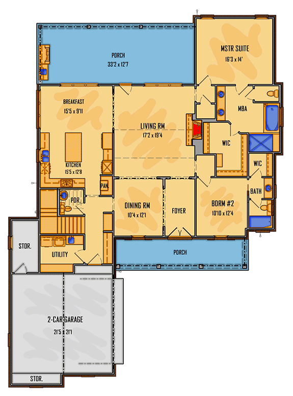 Plan 510020WDY: Southern House Plan with First Floor Master - Floor Plan - Main Level - Country, European, Southern, Traditional