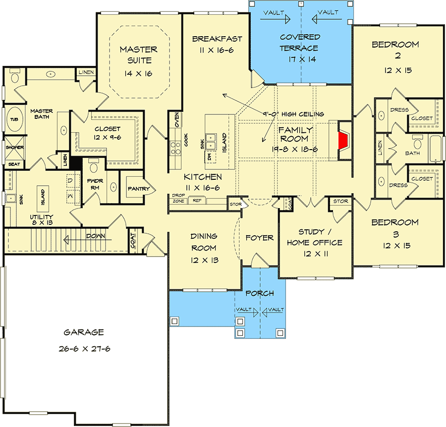 Plan 360009DK: Everything On One Floor - And Expansion Below - Floor Plan - Main Level - Country, New American, Ranch, Traditional