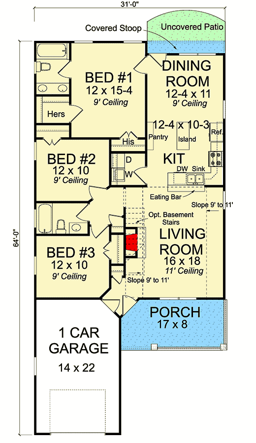 Plan 52288WM: Simple 3-Bed House Plan with a Narrow Footprint - Floor Plan - Main Level - Cottage, Traditional