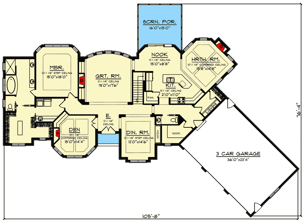 Plan 890090AH: 4-Bed House Plan with 3 Fireplaces - Floor Plan - Main Level - Country, Craftsman, Ranch, Traditional