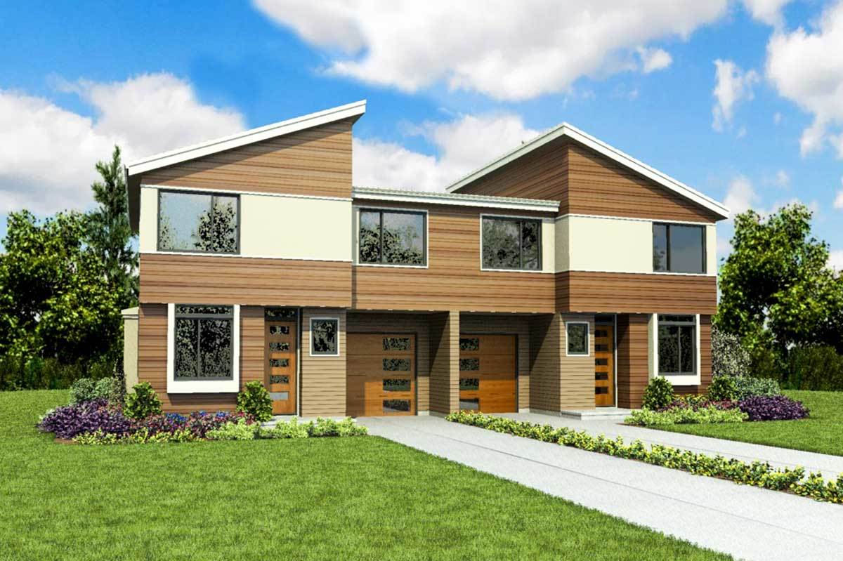 Modern Duplex House Plan with Symmetrical 3-Bed Units - 69694AM ...