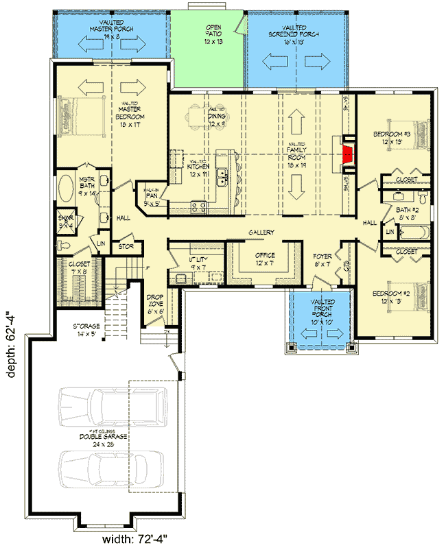 Plan 68537VR: 3-Bedroom Craftsman Home Plan with Bonus Room - 2235 Sq Ft - Floor Plan - Main Level - Country, Farmhouse, Traditional