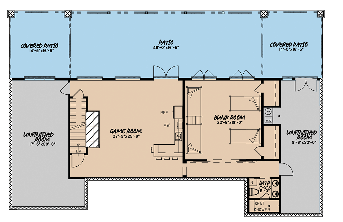 Plan 70593MK: Craftsman Home Plan with Lower Level Game and Bunk Rooms - 3415 Sq Ft - Floor Plan - Lower Level - Contemporary, Craftsman, Mountain, Vacation