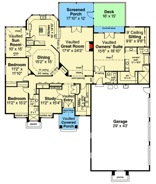 Plan 72915DA: 3-Bed House Plan with Vaulted Sun Room - Floor Plan - Main Level - European, Traditional