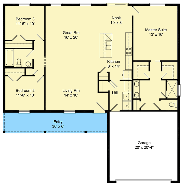 Plan 64321BT: 3-Bed Ranch House Plan  - Floor Plan - Main Level - Florida-Style, Ranch, Traditional