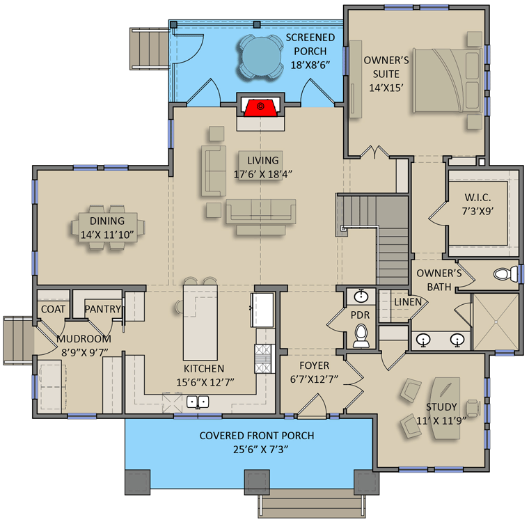 Plan 25410TF: 4-Bed Craftsman Home Plan with Detached Garage and Loft - Floor Plan - Main Level - Craftsman, New American, Northwest, Traditional