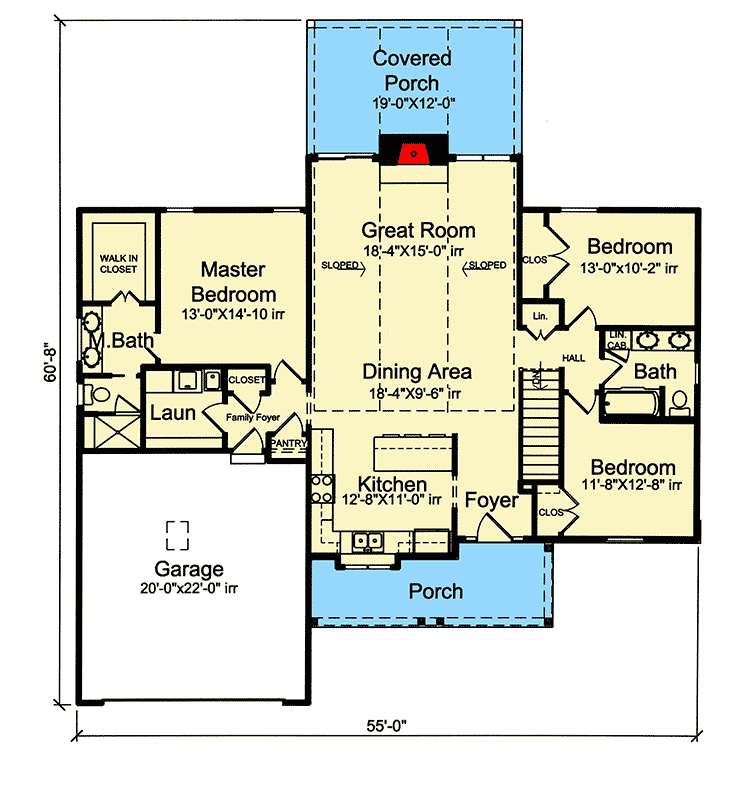 Plan 39290ST: 3-Bed Cottage-Style House Plan with Front and Rear Porches - Floor Plan - Main Level - Country, Ranch, Traditional