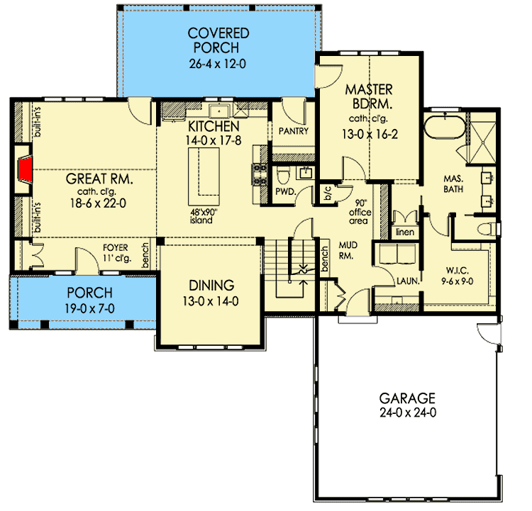 Plan 790057GLV: Exclusive Northwest House Plan with First-Level Master Bed - Floor Plan - Main Level - New American, Northwest, Traditional