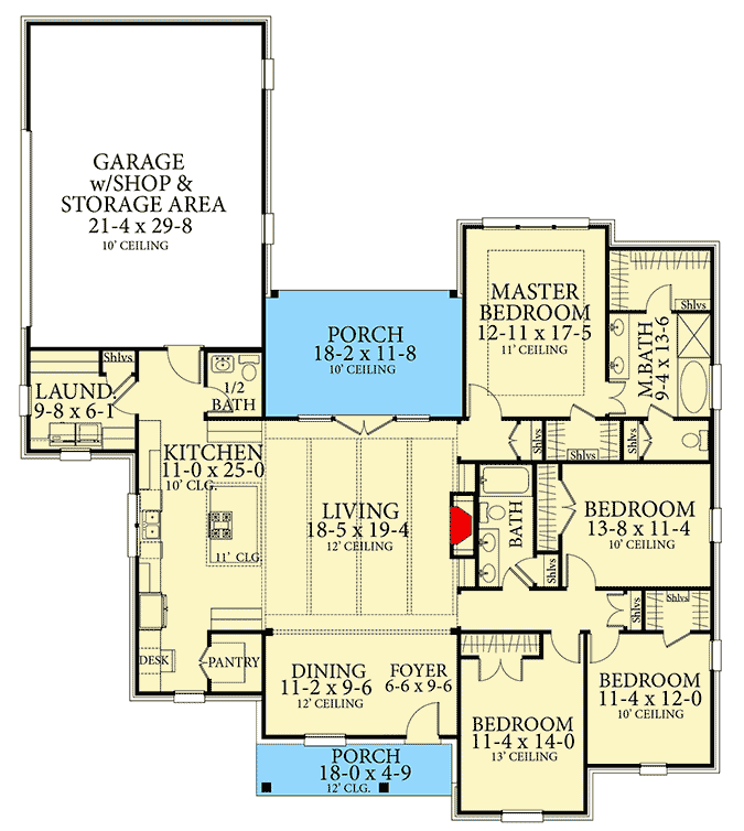Plan 62148V: One-Level European Home Plan with Garage Workshop - Floor Plan - Main Level - European, French Country, Mountain