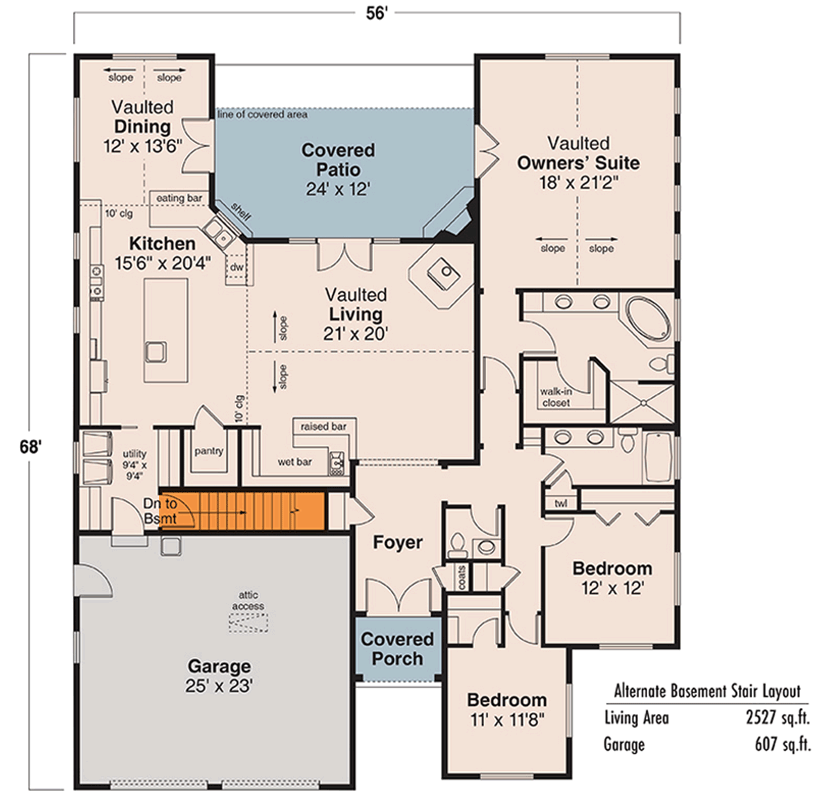 Plan 72931DA: Midsize Single-Story 3-Bed House Plan - Floor Plan - Basement Stairs Location - Traditional