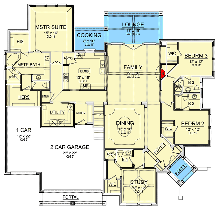 Plan 36565TX: 4-Bed European House Plan with Split Beds - Floor Plan - Main Level - European, Traditional