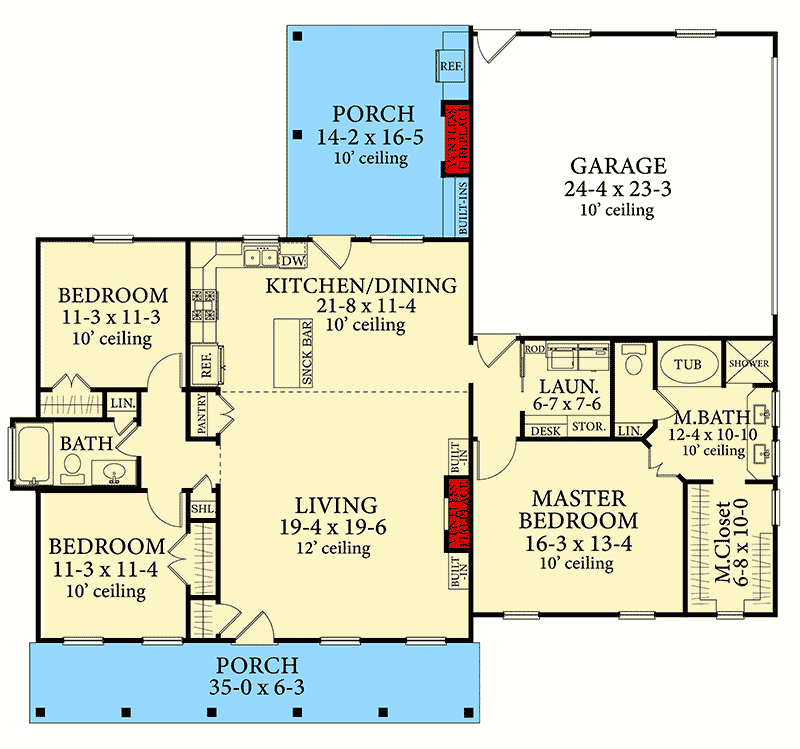 Plan 62151V: Split Bedroom Country Cottage with 6-Columned Front Porch - Floor Plan - Main Level - Cottage, Country