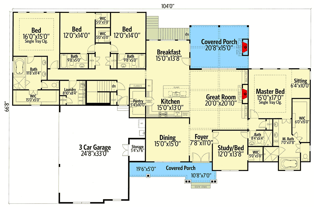 Plan 24393TW: New American House Plan with Split Beds - Floor Plan - Main Level - Craftsman, Mountain, New American, Ranch, Vacation