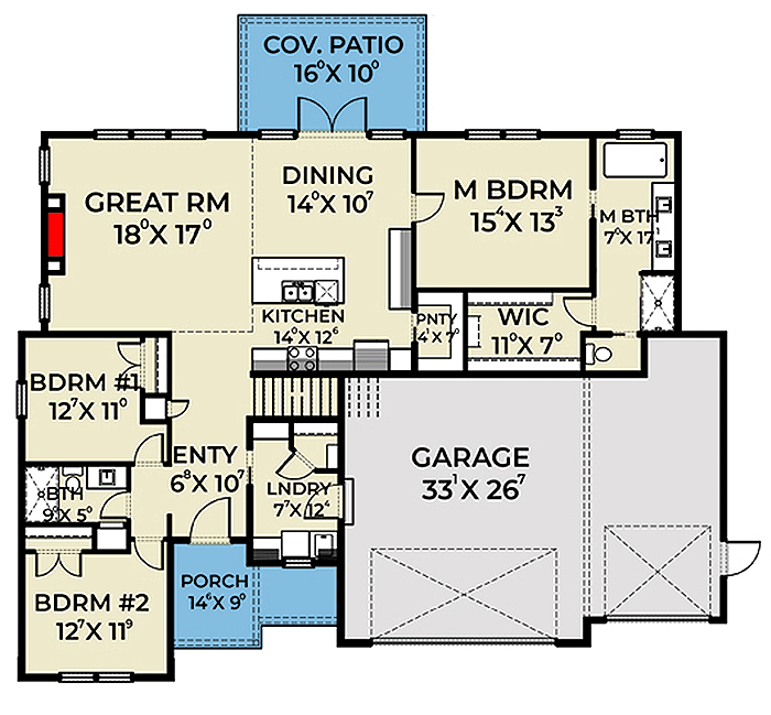 Three Bed Country Craftsman with Included Bonus Room  - 280049JWD floor plan - Main Level
