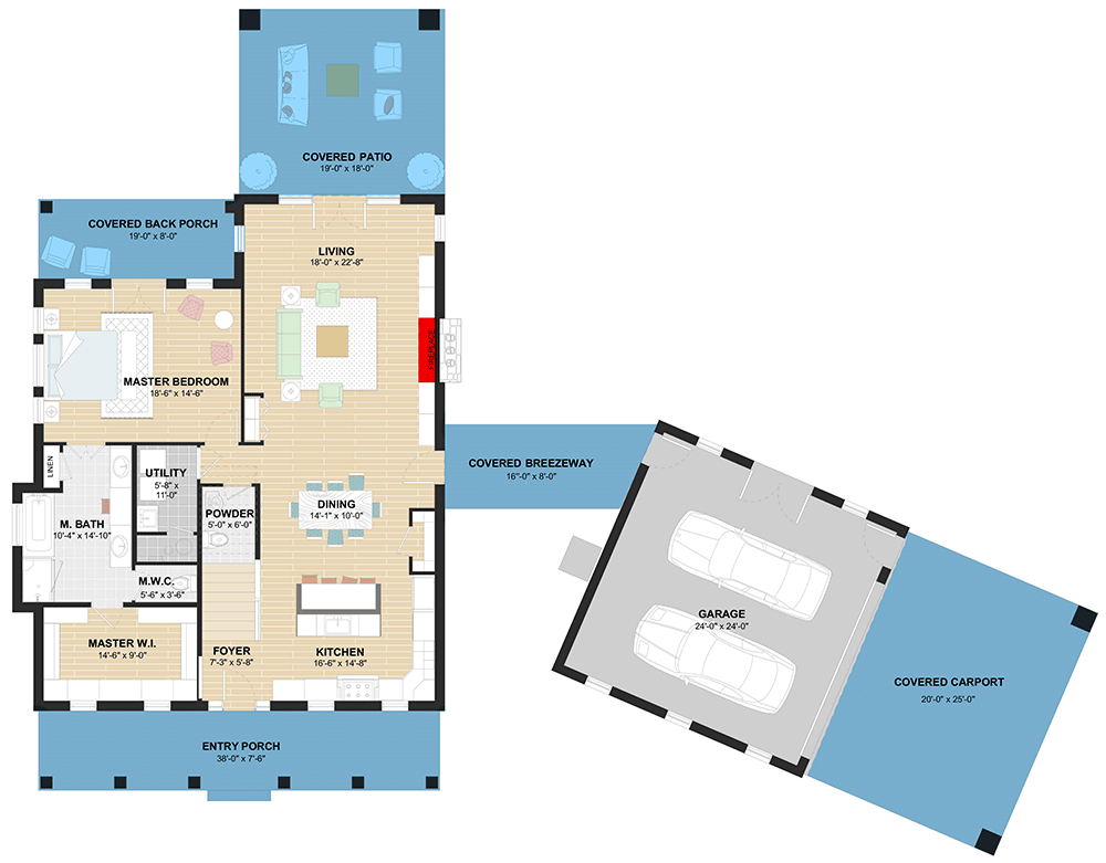 Plan 430051LY:  Colonial House Plan with Angled 2-Car Garage and Carport - Floor Plan - Main Level - Colonial, Hill Country, Southern