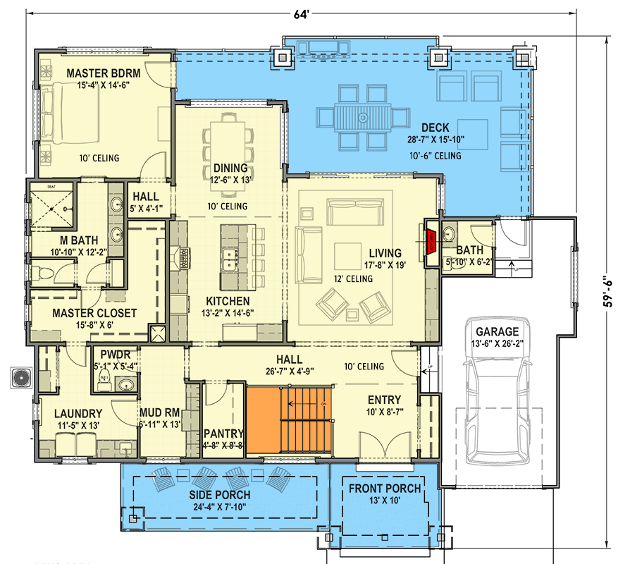 Plan 64475SC: Rustic Open Concept House Plan with Optional Lower Level - Floor Plan - Main Level - Craftsman, Mountain, Northwest, Rustic
