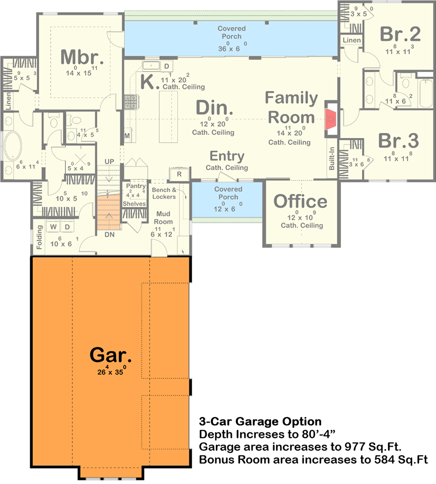 Plan 62834DJ: Modern Farmhouse Plan with Bonus and Lower Level Expansion - Floor Plan - Main Level - 3-Car Garage Option ($ Paid Option) - Craftsman, Farmhouse, Modern Farmhouse, New American